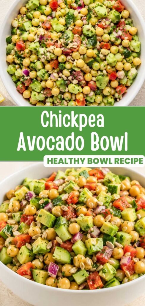 Chickpea avocado bowl recipe pin with finished bowl and close-up image