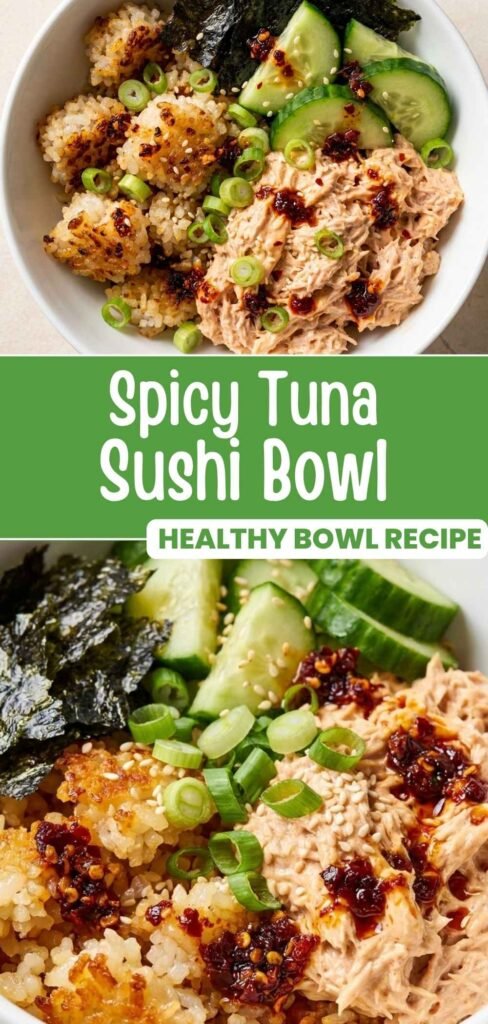 Spicy tuna sushi bowl with crispy rice, pinnable vertical image