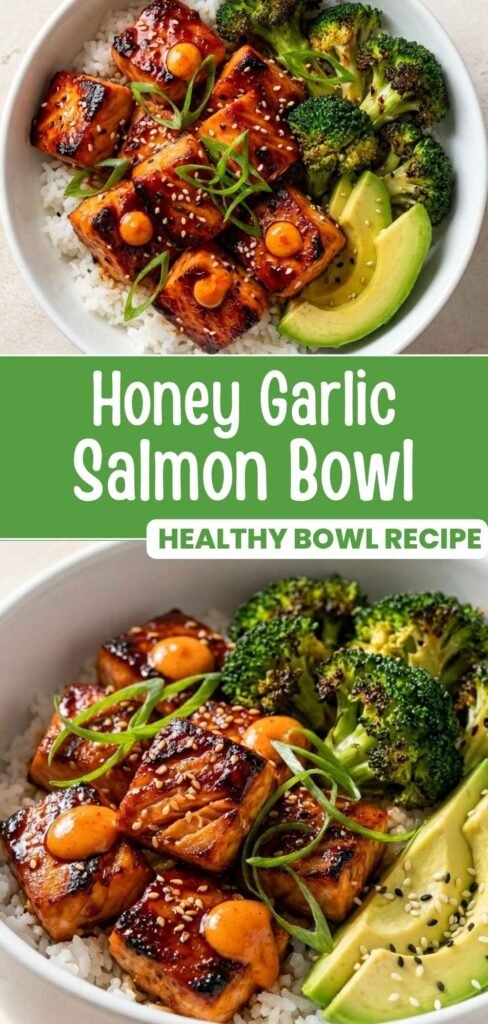Pinterest pin of finished honey garlic salmon bowl with crispy salmon, rice, and roasted vegetables