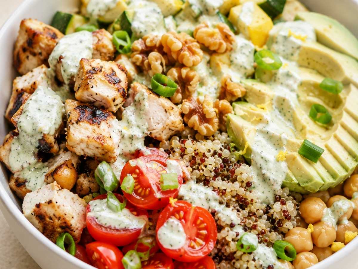 Close up of protein power bowl with creamy garlic herb yogurt sauce over chicken and quinoa