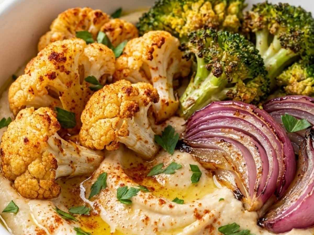 Close-up of creamy hummus topped with smoky roasted cauliflower and broccoli