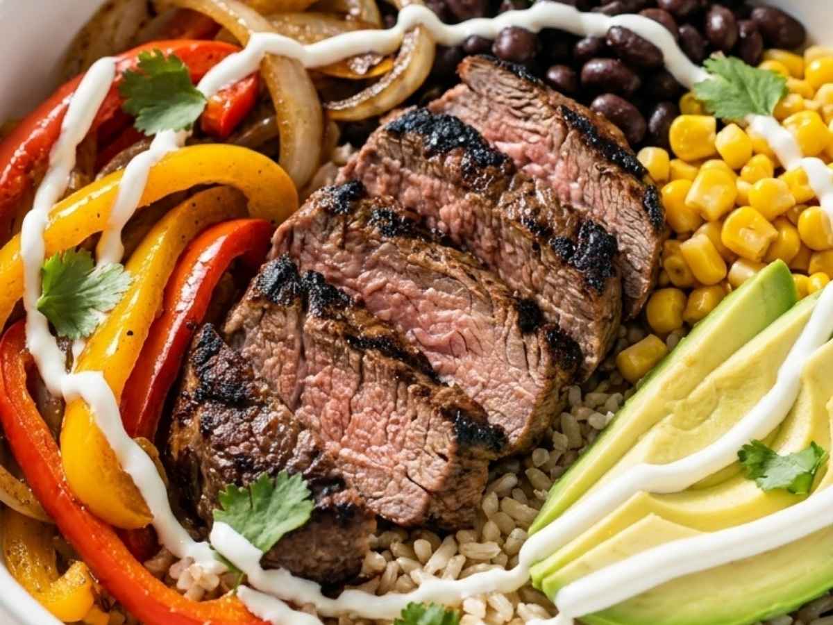 Closeup of a steak fajita power bowl showing seared steak slices and charred peppers over rice