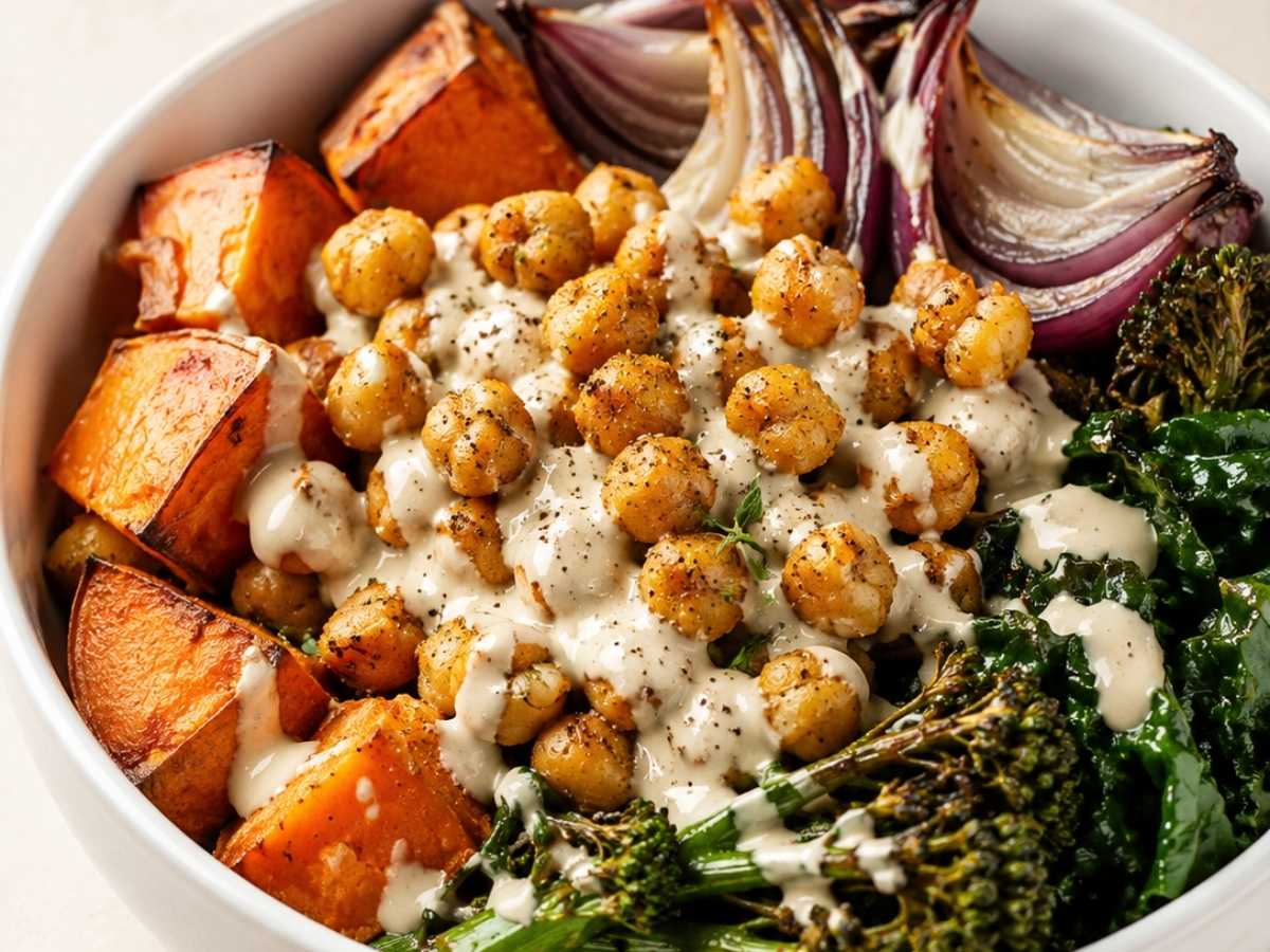 Close-up of crispy spiced chickpeas and tahini sauce over roasted sweet potato in a bowl