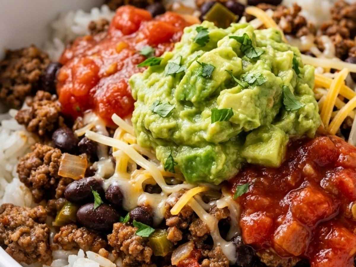 Close up of chipotle ground beef, rice, guacamole, and cheese in a taco rice bowl