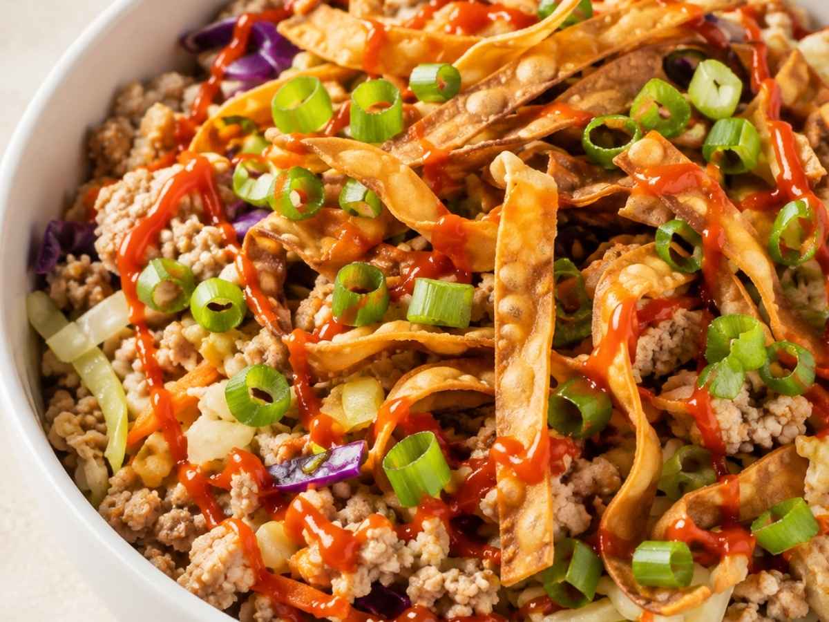 Closeup of turkey egg roll bowl with crispy wonton crunchies and sriracha drizzle