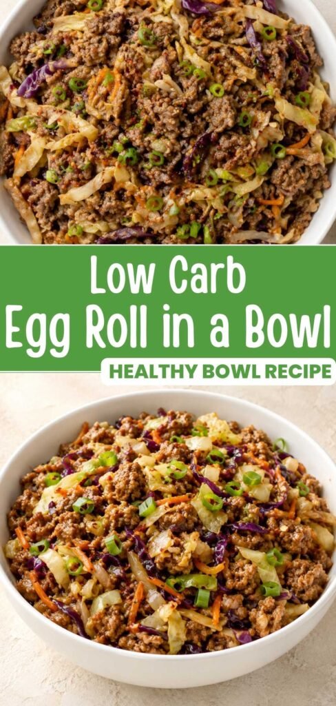 Low carb egg roll in a bowl close up, ready in 25 minutes