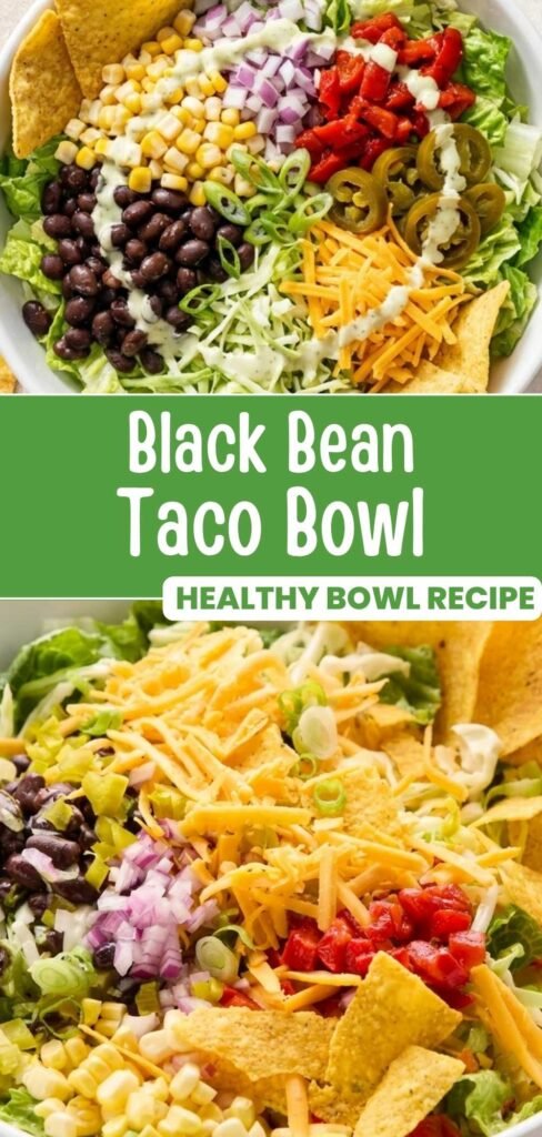 Finished black bean taco bowl styled for Pinterest with lime crema and tortilla chips on the side