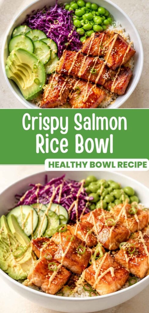 Crispy salmon rice bowl with teriyaki glaze, ginger scallion rice, and sriracha mayo, pinnable recipe image