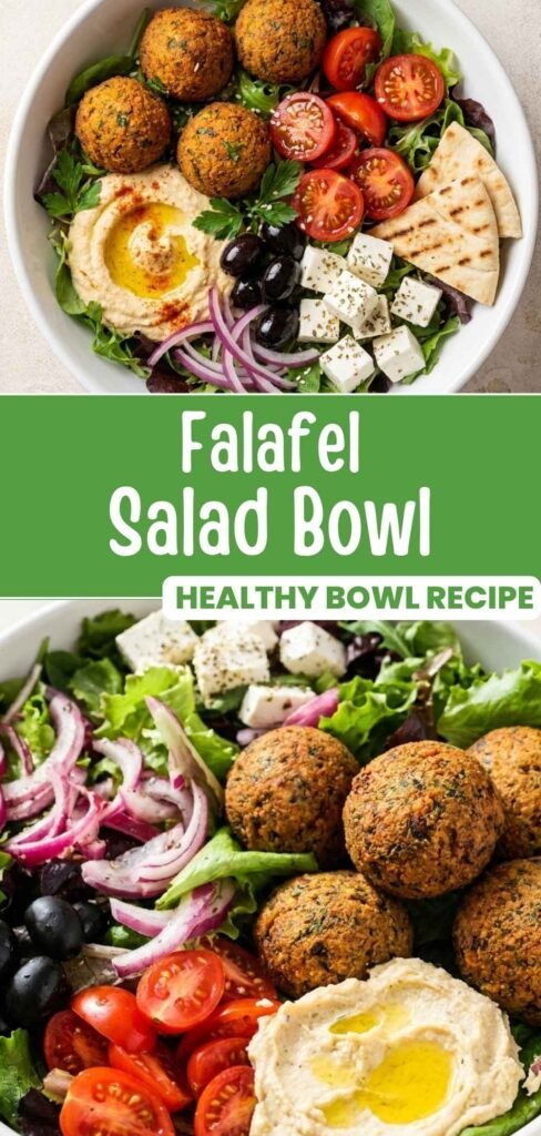 Falafel salad bowl with crispy falafel, feta, and lemon vinaigrette styled for Pinterest