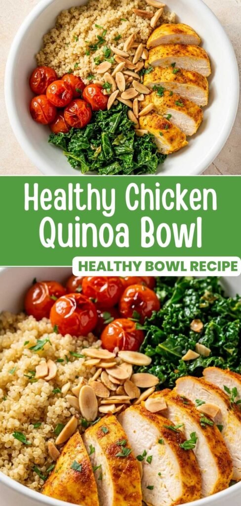Finished Healthy Chicken Quinoa Bowl styled for Pinterest with chicken, kale, tomatoes and almonds