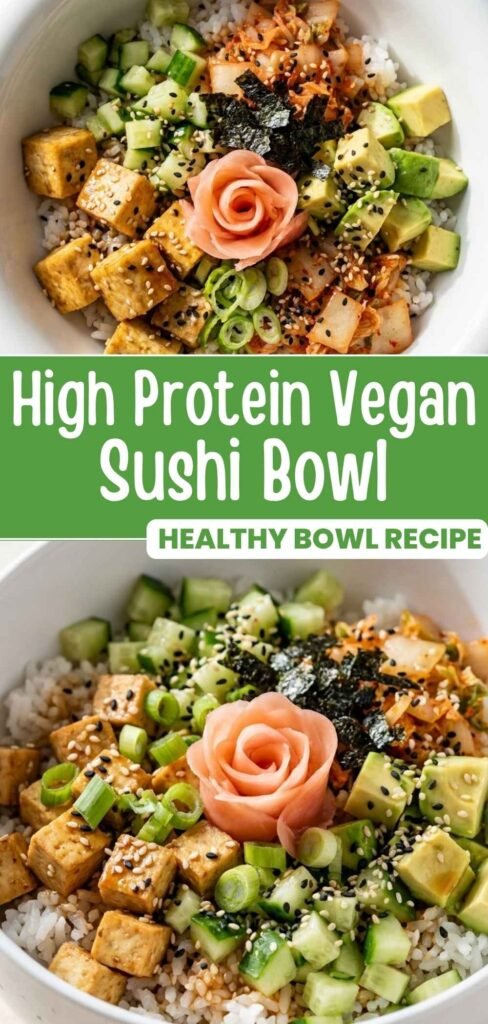 Pinterest pin for high-protein vegan sushi bowl with crispy tofu, avocado, and rice