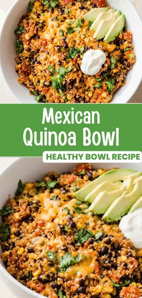 Mexican quinoa bowl with black beans, corn, cheese, and avocado, pinnable recipe image