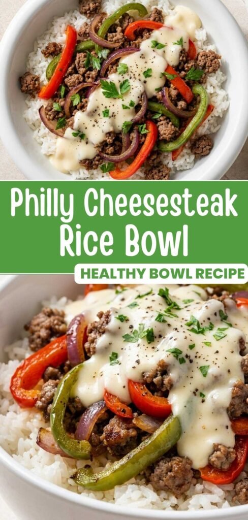 Philly Cheesesteak Rice Bowl with beef, peppers, and cheese sauce over rice