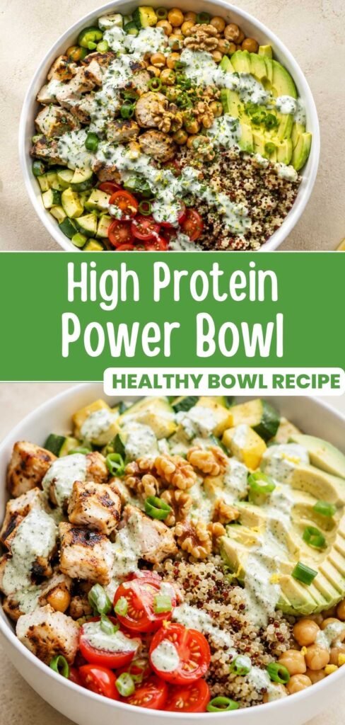 Protein power bowl with quinoa, chicken, chickpeas and walnuts drizzled with garlic herb yogurt sauce