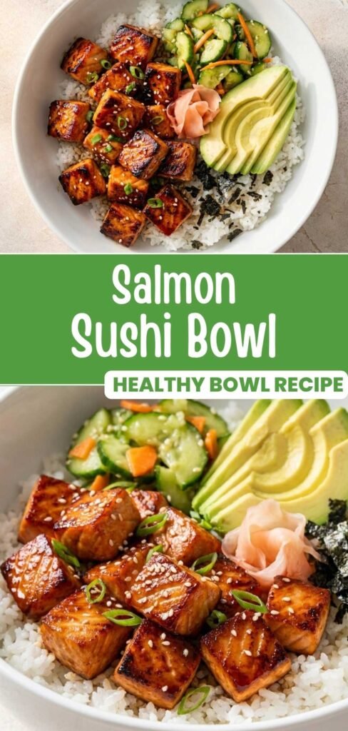 Salmon sushi bowl in a vertical Pinterest pin image with seared salmon and avocado