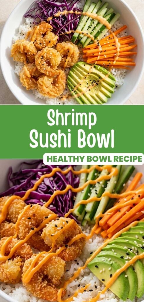 Pinterest pin of a finished dynamite shrimp sushi bowl with crispy shrimp, avocado, and spicy mayo