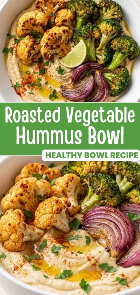 Smoky roasted vegetable hummus bowl recipe pin with finished bowl photo