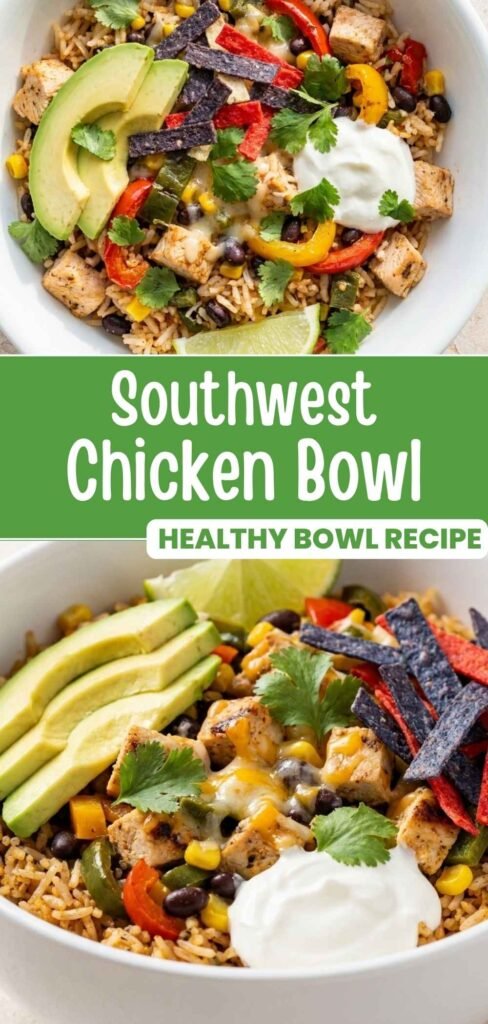Southwest chicken rice bowl recipe pin with overhead and close-up bowl photos and recipe title text